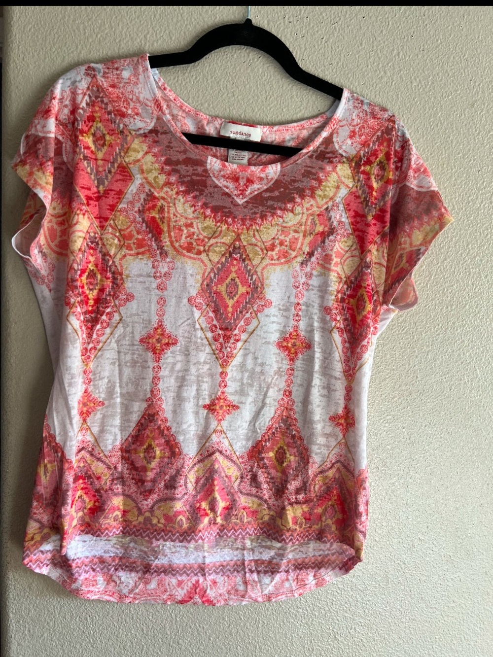 Sundance Pink Coral & Yellow Geometric Scoop Neck Tee Vibrant Boho size large